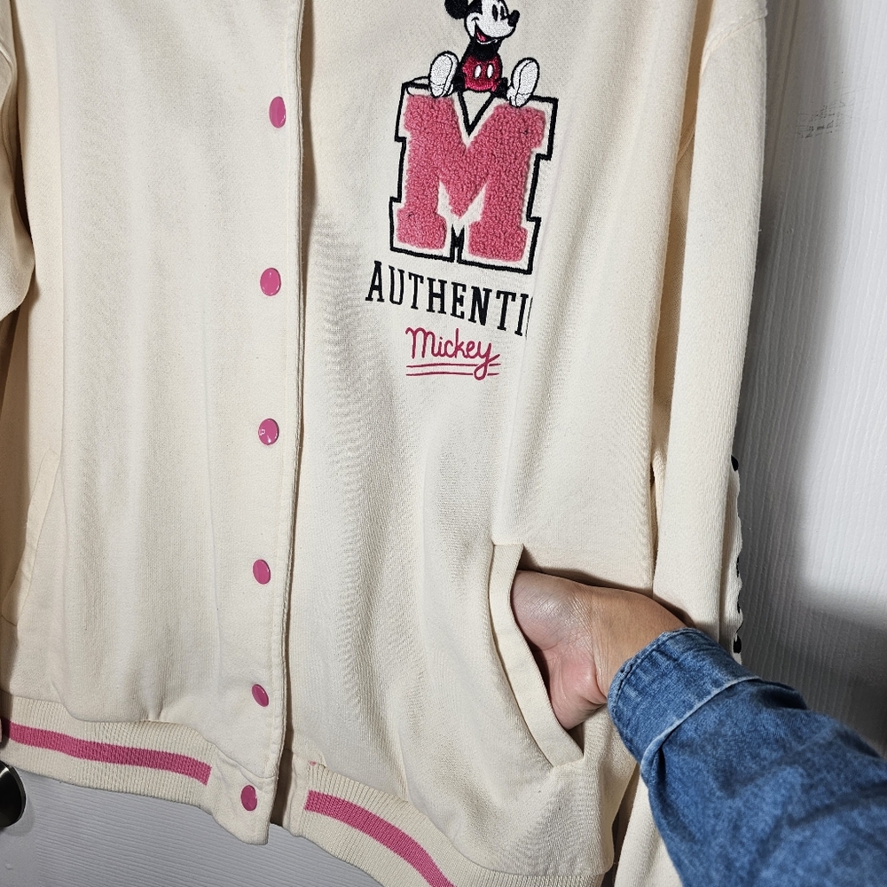 DISNEY MICKEY MOUSE XL Bomber Varsity Embroidered Jacket Pink Ivory Buttoned - Picture 7 of 13